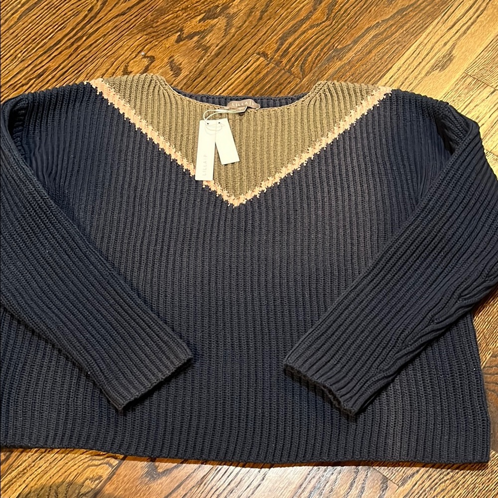 Lilla P Tan and Blue Crew Neck Sweater with Textured Knit